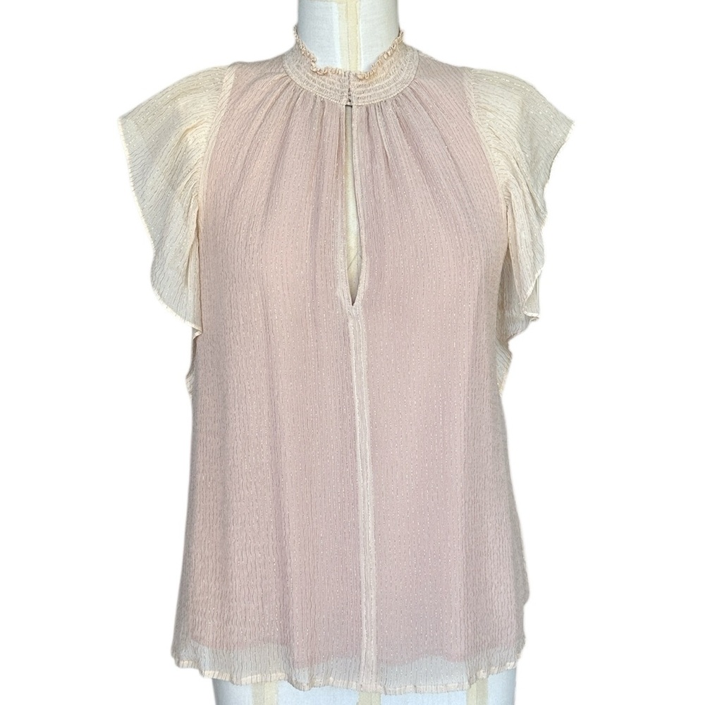 A.L.C. Womenโs Hayley Flutter Sleeve Silkโ Top Pink Champagne Gold Shimmer SZ 8